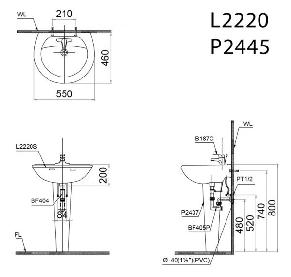 Bản vẽ kĩ thuật Chậu rửa mặt lavabo CAESAR L2220 P2445 chân dài treo tường