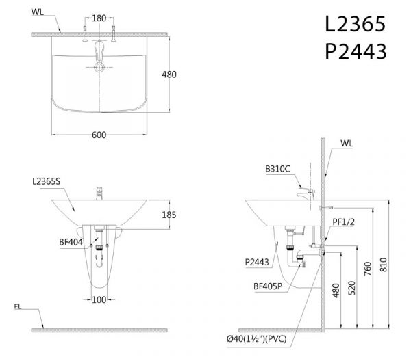 Bản vẽ kĩ thuật Chậu rửa mặt lavabo CAESAR L2365 P2443 chân lửng treo tường