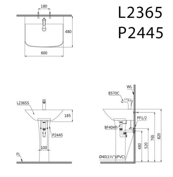 Bản vẽ kĩ thuật Chậu rửa mặt lavabo CAESAR L2365 P2445 chân dài treo tường