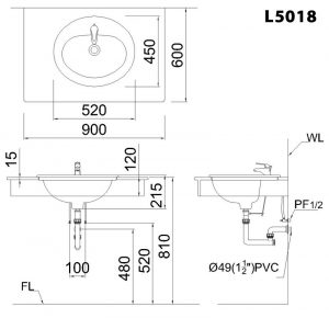 Bản vẽ kĩ thuật Chậu rửa mặt lavabo CAESAR L5018 dương vành