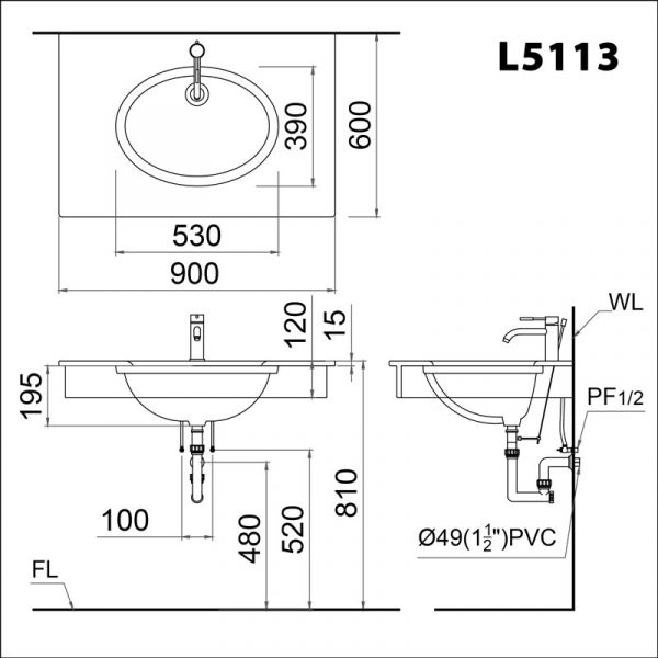 Bản vẽ kĩ thuật Chậu rửa mặt lavabo CAESAR L5113 âm bàn