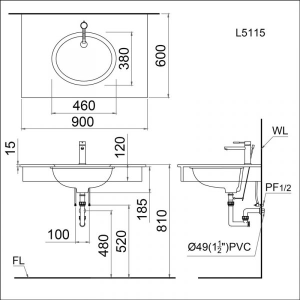 Bản vẽ kĩ thuật Chậu rửa mặt lavabo CAESAR L5115 âm bàn