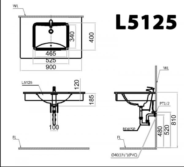 Bản vẽ kĩ thuật Chậu rửa mặt lavabo CAESAR L5125 âm bàn