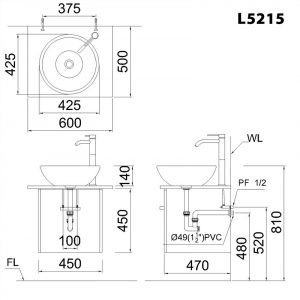 Bản vẽ kĩ thuật Chậu rửa mặt lavabo CAESAR L5215 đặt bàn