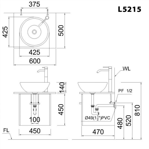 Bản vẽ kĩ thuật Chậu rửa mặt lavabo CAESAR L5215 đặt bàn