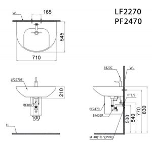 CAESAR LF2270 PF2470 - Chậu lavabo chân lửng treo tường 2 Bản vẽ kĩ thuật Chậu rửa mặt lavabo CAESAR LF2270 PF2470 chân lửng treo tường