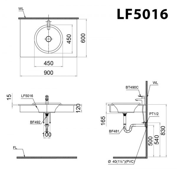 Bản vẽ kĩ thuật Chậu rửa mặt lavabo CAESAR LF5016 dương vành