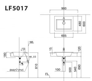 CAESAR LF5017 - Chậu lavabo đặt bàn 2 Bản vẽ kĩ thuật Chậu rửa mặt lavabo CAESAR LF5017 dương vành