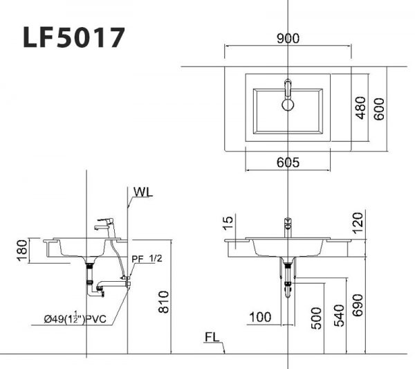 Bản vẽ kĩ thuật Chậu rửa mặt lavabo CAESAR LF5017 dương vành