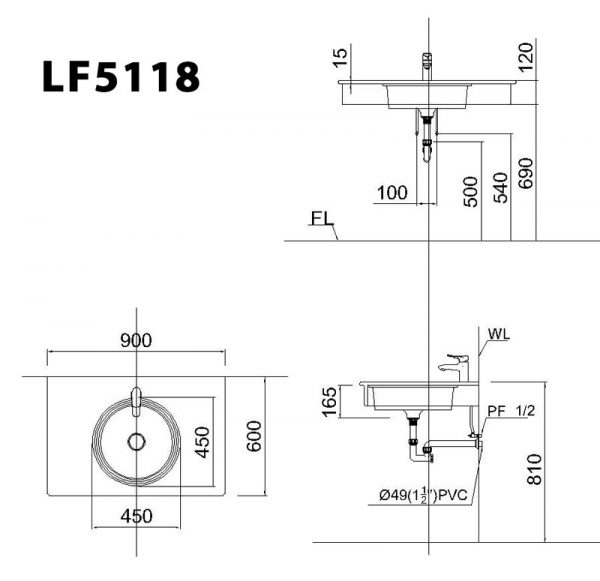 Bản vẽ kĩ thuật Chậu rửa mặt lavabo CAESAR LF5118 âm bàn