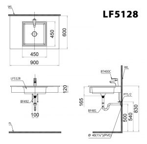 CAESAR LF5128 - Chậu lavabo âm bàn 2 Bản vẽ kĩ thuật Chậu rửa mặt lavabo CAESAR LF5128 âm bàn