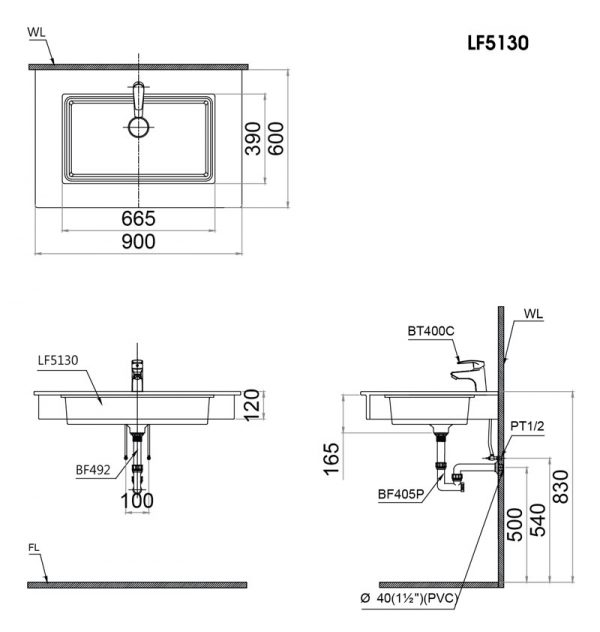 Bản vẽ kĩ thuật Chậu rửa mặt lavabo CAESAR LF5130 âm bàn