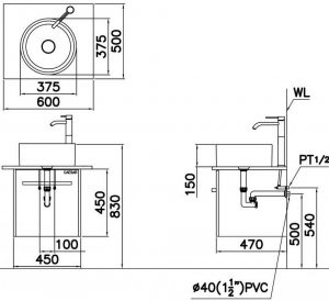 Bản vẽ kĩ thuật Chậu rửa mặt lavabo CAESAR LF5232 đặt bàn