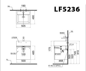 Bản vẽ kĩ thuật Chậu rửa mặt lavabo CAESAR LF5236 đặt bàn