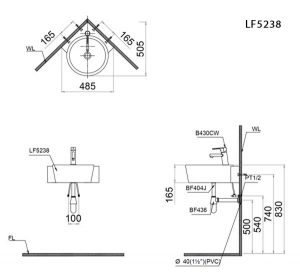 CAESAR LF5238 - Chậu lavabo góc treo tường 2 Bản vẽ kĩ thuật Chậu rửa mặt lavabo CAESAR LF5238 góc treo tường