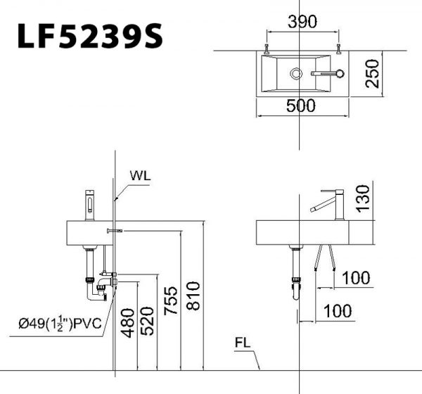 Bản vẽ kĩ thuật Chậu rửa mặt lavabo CAESAR LF5239S đặt bàn