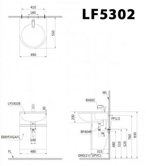Bản vẽ kĩ thuật Chậu rửa mặt lavabo CAESAR LF5302 bán âm