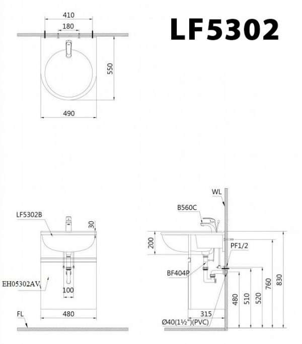 Bản vẽ kĩ thuật Chậu rửa mặt lavabo CAESAR LF5302 bán âm