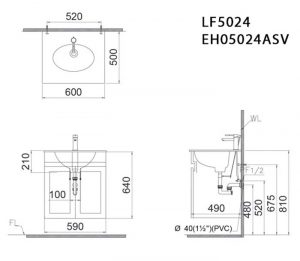 Bản vẽ kĩ thuật Tủ chậu lavabo CAESAR LF5024 EH05024ASV