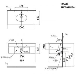 CAESAR LF5028 EH05028DDV - Tủ chậu lavabo 2 Bản vẽ kĩ thuật Tủ chậu lavabo CAESAR LF5028 EH05028DDV