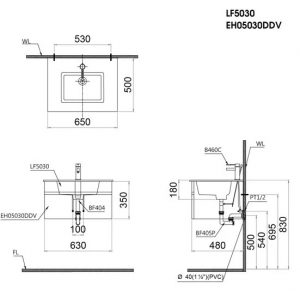 CAESAR LF5030 EH05030DDV - Tủ chậu lavabo 2 Bản vẽ kĩ thuật Tủ chậu lavabo CAESAR LF5030 EH05030DDV