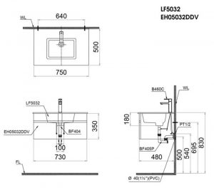 CAESAR LF5032 EH05032DDV - Tủ chậu lavabo 2 Bản vẽ kĩ thuật Tủ chậu lavabo CAESAR LF5032 EH05032DDV