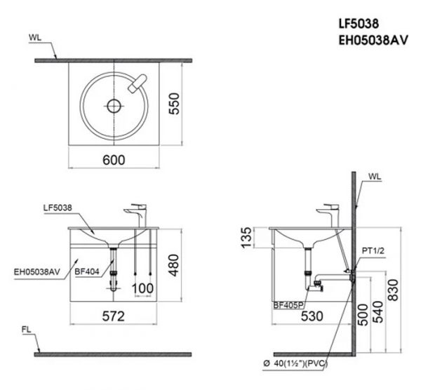 Bản vẽ kĩ thuật Tủ chậu lavabo CAESAR LF5038 EH05038AV