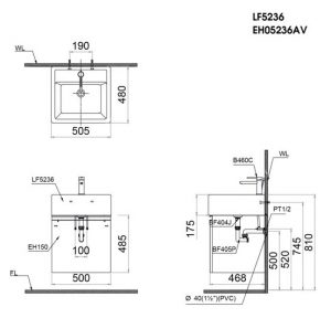 Bản vẽ kĩ thuật Tủ chậu lavabo CAESAR LF5236 EH05236AV