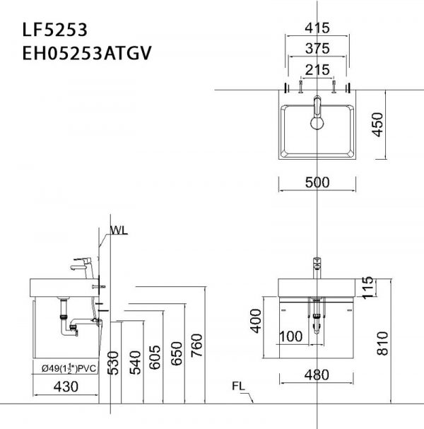 Bản vẽ kĩ thuật Tủ chậu lavabo CAESAR LF5253 EH05253ATGV