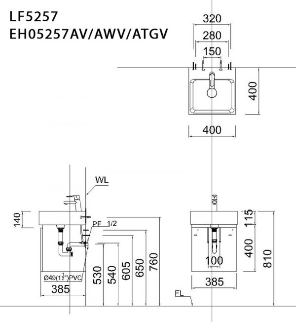 Bản vẽ kĩ thuật Tủ chậu lavabo CAESAR LF5257 EH05257ATGV EH05257AV EH05257AWV