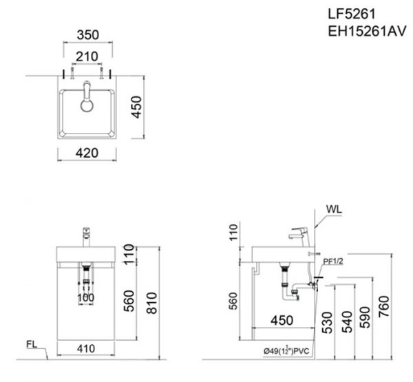 Bản vẽ kĩ thuật Tủ chậu lavabo CAESAR LF5261 EH15261AV
