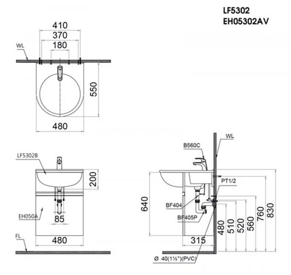 Bản vẽ kĩ thuật Tủ chậu lavabo CAESAR LF5302 EH05302AV