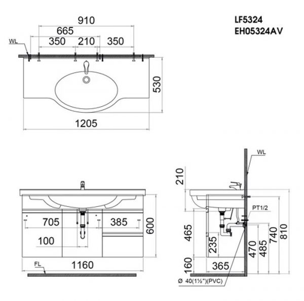 Bản vẽ kĩ thuật Tủ chậu lavabo CAESAR LF5324 EH05324AV