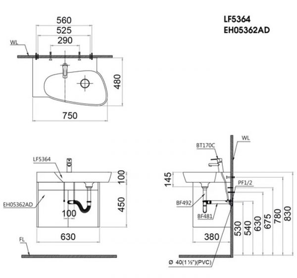 Bản vẽ kĩ thuật Tủ chậu lavabo CAESAR LF5362 EH05362AD