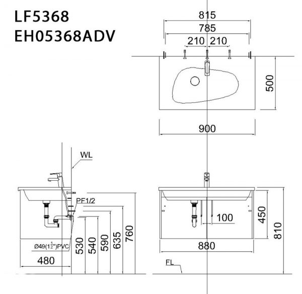 Bản-vẽ-kĩ-thuật-Tủ-chậu-lavabo-CAESAR-LF5368-EH05368ADV