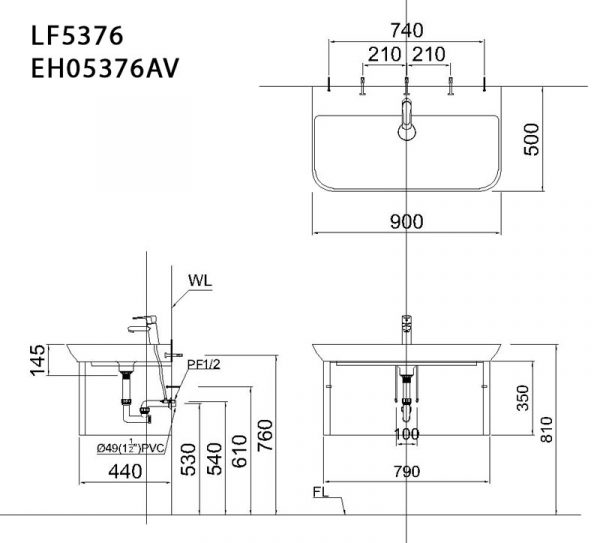 Bản-vẽ-kĩ-thuật-Tủ-chậu-lavabo-CAESAR-LF5376-EH05376AV