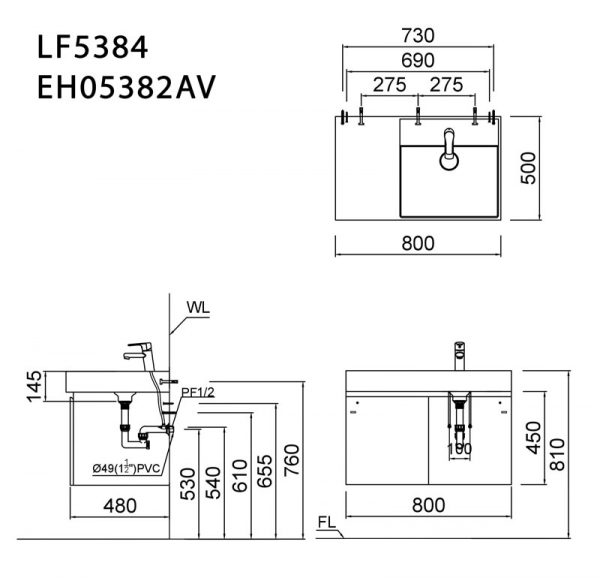 Bản vẽ kĩ thuật Tủ chậu lavabo CAESAR LF5384 EH05382AV