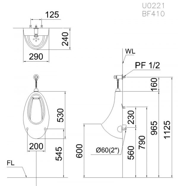 Bản vẽ kĩ thuật Van xả tiểu nam CAESAR BF410 nhấn