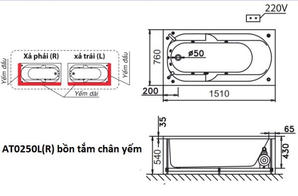 Bản vẽ kỹ thuật bồn tắm dài Caesar AT0250L(R) 1.5M