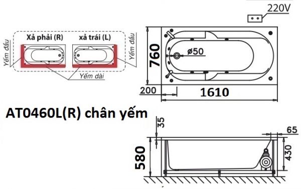 Bản vẽ kỹ thuật bồn tắm dài Caesar AT0460L(R) 1.6M