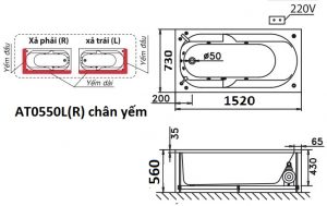 Bản vẽ kỹ thuật bồn tắm dài Caesar AT0550L(R) 1.5M