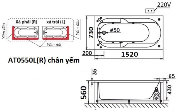 Bản vẽ kỹ thuật bồn tắm dài Caesar AT0550L(R) 1.5M