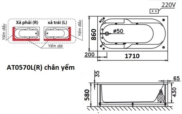 Bản vẽ kỹ thuật bồn tắm dài Caesar AT0570L(R) 1.7M