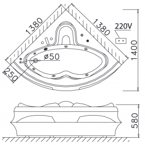 Bản vẽ kỹ thuật bồn tắm góc Caesar AT5132 1,4M