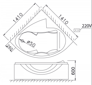 Bản vẽ kỹ thuật bồn tắm góc massage Caesar MT5140 1.4M có chân yếm