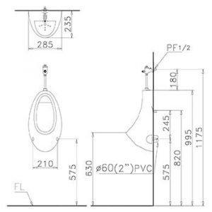 CAESAR U0221 - Bồn tiểu nam treo tường 2 Bản vẽ kỹ thuật bồn tiểu Caesar U0221