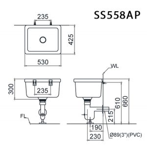 Bản vẽ kỹ thuật Chậu giặt CAESAR SS558AP xả tường