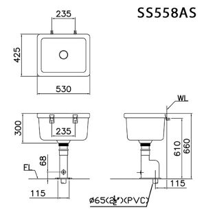 Bản vẽ kỹ thuật Chậu giặt CAESAR SS558AS xả sàn