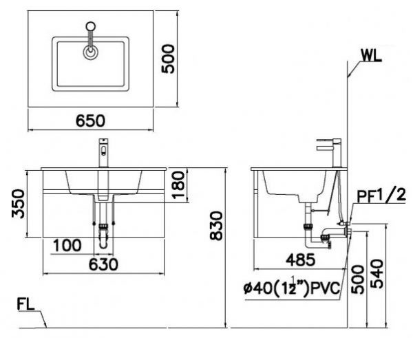 Bản vẽ kỹ thuật chậu rửa mặt LF5030 EH665V treo tường