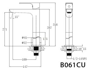 Bản vẽ kỹ thuật Vòi chậu lavabo CAESAR B061CU cổ cao lạnh